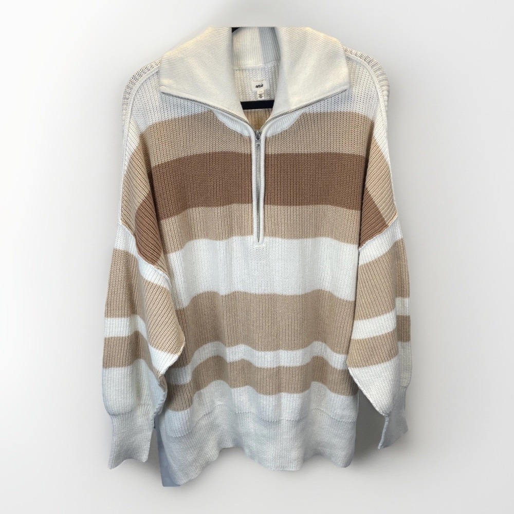 Aerie Sweater Striped Brown White Collared 1/4 Zip Relaxed Fit Pullover Size L